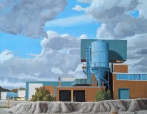 Arrangement in Green and Blue - Factory, 28 x 36 in., oil on canvas, 2023