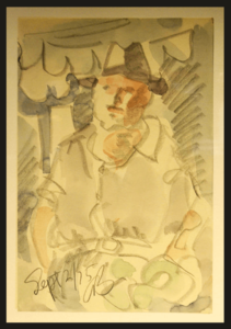 Shopkeeper in Kensington Market, Watercolour and graphite, 1975, Image size: 9 ¼ x 7 in., Frame size: 25 ½ x 21 ½ in.